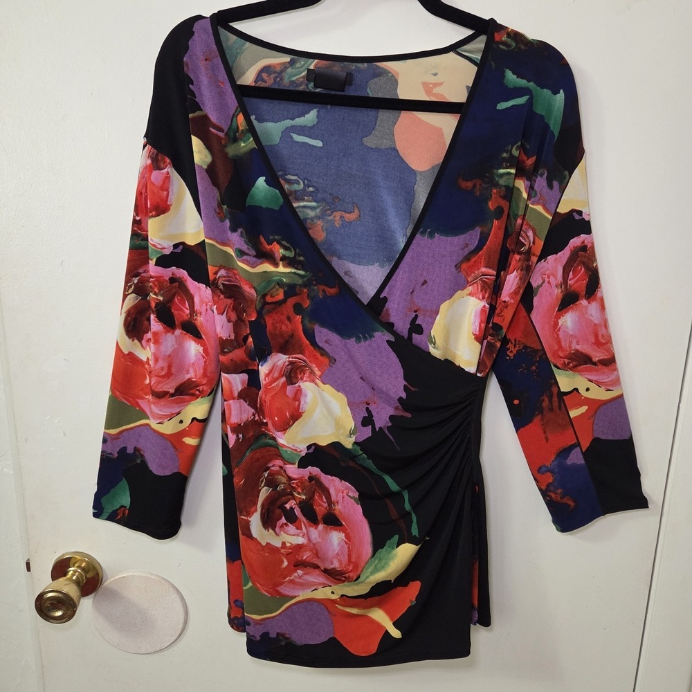 Floral Abstract Surplice Ruched Top Women's XL Multicolor Artsy Dark Romantic